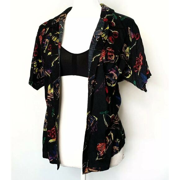 vintage JR Bentley Button Down print Shirt Ladies Top Black Sz L - Picture 3 of 10